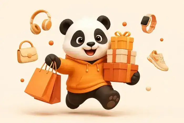 Ο MrPanda τρέχει με τσάντες αγορών και δώρα